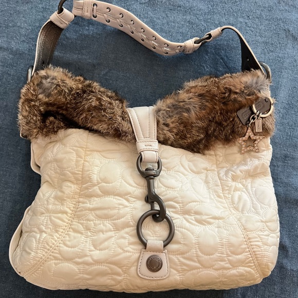 Y2K Limited Edition Fir Trimmed White Quilted Mini Duffle Coach Purse